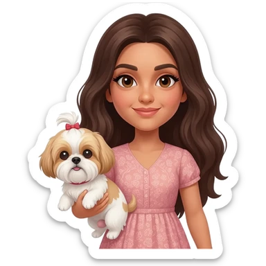 More Tanned middle eastern Brunette girl with long thick hair and eyeliner, holding white and golden boy shih tzu sticker