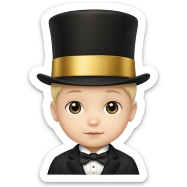 a baby face in a black top hat with a gold stripe sticker