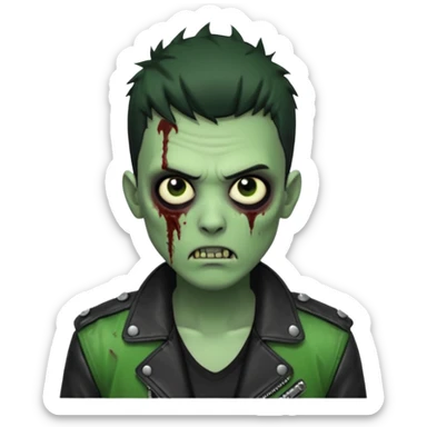 Hombre zombie de piel verde con chaqueta de cuero punk, pelo corto negro sticker