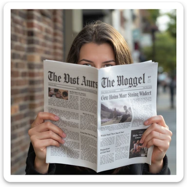 a person holding a newspaper up to their face as if reading, only hands and newspaper visible, photorealistic, natural light sticker