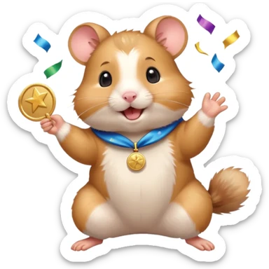 Cute cartoon-style hamster throwing confetti, holding a tiny medal, joyful expression. Painterly shading, white background, sticker-style illustration sticker