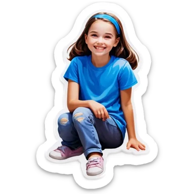 Little Girl, white skin, bronze hair, smile, tutor, bright blue t shirt, icon  sticker