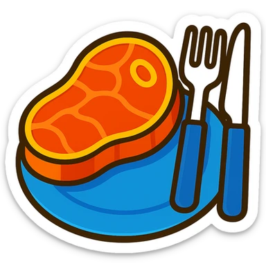 Add a plate under the steak, fork, and knife. Keep the vibrant toon style with no background. sticker