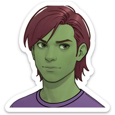 teen boy, dark red hair, mullet hair cut, wearing purple tshirt sticker