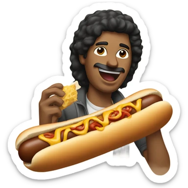 A man with black hair eating a chili cheese dog  sticker