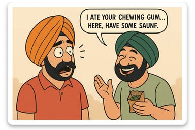 comic-style illustration of a Sardar with a mustache and turban, surprised expression, another character admits to eating his chewing gum and offers saunf in return, humorous expression sticker