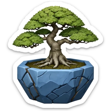 Singapore very old broken intricate Stone Age rocky-crusted dodecahedron-shaped shallow dark moss rough bark blue maple tree bonsai pot sticker