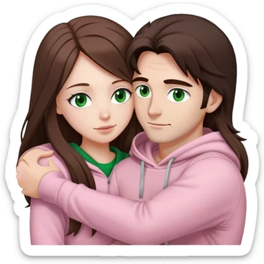 white woman with very long brown hair and green eyes in a light pink outfit hugging a white man with dark brown hair and black hoodie sticker
