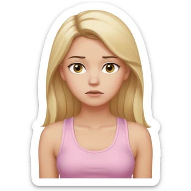 Create a young woman with long blonde hair, golden eyes, and medium-light skin tone, wearing a light pink tank top and leggings. She should be in portrait mode, but with a subtle doubting facial expression—slightly raised eyebrow, small frown, .  and her hand next to her chin like a thinker sticker