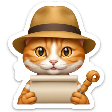 Cat wearing hat and holding a clue sticker