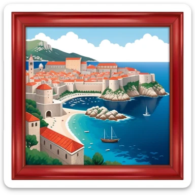 Cinematic Realistic aerial view of the historic city of Dubrovnik, showcasing its iconic red-roofed architecture, fortified walls, and sparkling Adriatic coastline, rendered with rich textures and warm Mediterranean lighting that captures its old-world charm. sticker