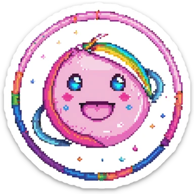 pink planet with vibrant rainbow rings and a cute winking face sticker