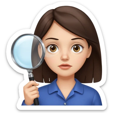 A brunette woman holding a large magnifying glass and squinting at something to intently sticker