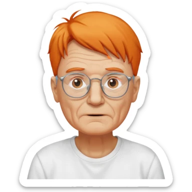 old man, orange hair, no mustache, wearing glasses, long face, wearing a white t-shirt sticker