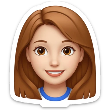 apple style emoji of a smiling girl with fair skin, slightly slanted brown eyes, full lips, and light brown hair sticker