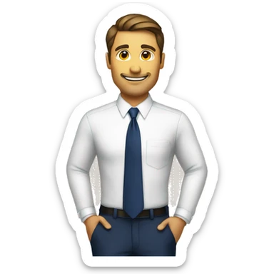 A man with white shirt navy blue tie raising a board sticker