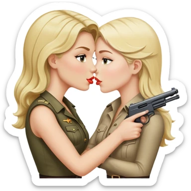 blonde woman kissing brunette woman. both holding guns.  sticker