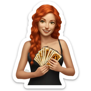 red hair beautiful girl with brown tarot gold cards sticker