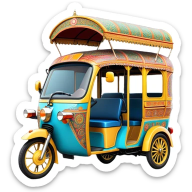 Cinematic Realistic Indian Auto Rickshaw Emoji, depicted as a colorful, bustling auto rickshaw with intricate designs and vibrant hues, rendered with lively textures and dynamic urban lighting that captures its quintessential presence in Indian cities. sticker
