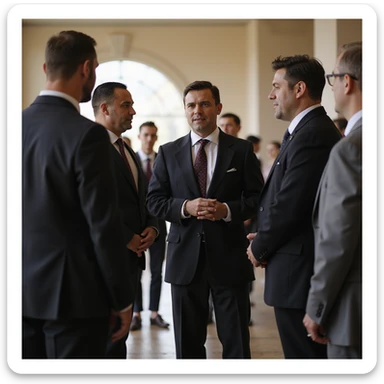 an indian in formal attire standing talking to a group with casual attire sticker