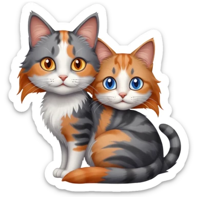 longhair calico cat with blue eyes and longhair grey tabby cat with orange eyes cuddling sticker