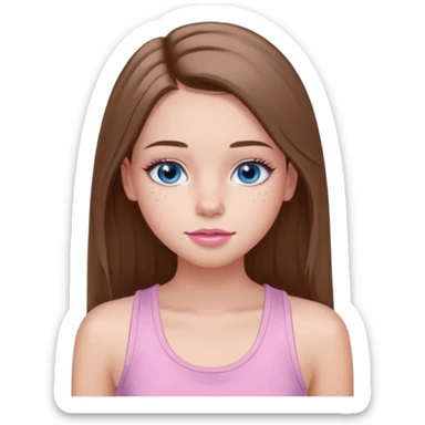 Create a TEENAGE girl with LONG and straight light brunette hair with a middle part, light skin, light freckles, and blue-gray eyes. She will have pink lips and LONG eyelashes. She will be wearing a light pink tank top sticker