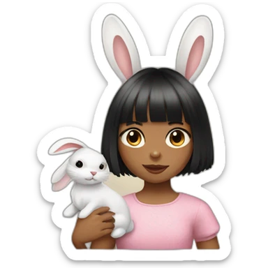 Little girl with black bangs holding rabbit sticker
