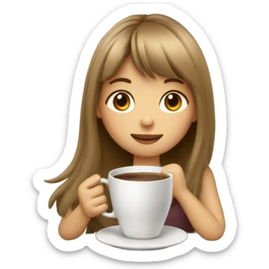 girl with long light brown hair and bangs drinking coffee sticker