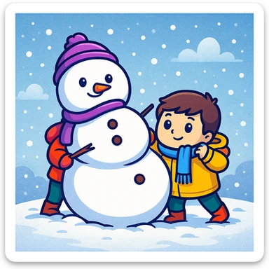 Add a snowy background behind the kids building a snowman, keep the original sticker style sticker