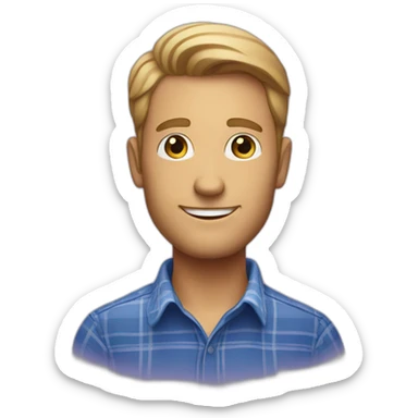 "Avatar of a white man with a light beard, wearing a blue plaid shirt, on a purple gradient." sticker