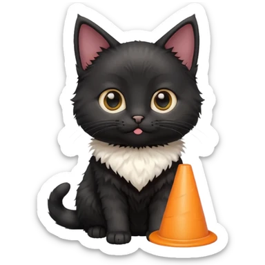 A mostly black kitten with a white chest and a plastic cone on sticker