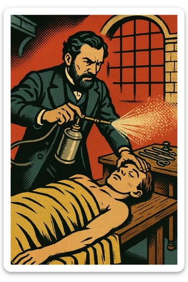 A victorian surgeon like Joseph Lister using a carbolic acid spray during an operation on a patient who is on a wooden operating table. There are surgical tools on a bench to the side and this takes place in a victorian operating room sticker