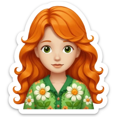 orange wavy long hair girl with wearing green cottage core flowery clothes sticker