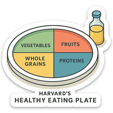 Harvard plate in isometric view, plate with colored sectors and labels (vegetables, fruits, proteins, whole grains, oils), very detailed drawing, shadows and highlights, clean contours, soft lighting, transparent background. sticker