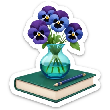 Aesthetically arranged books in dark green and next to them a bouquet of blue pansies in a light green glass vase sticker