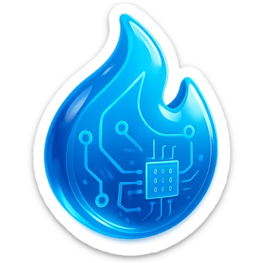 stylized blue flame, glowing, glossy circuit board details sticker