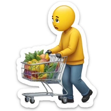 person looking sad, pushing a shopping cart with nothing in it sticker