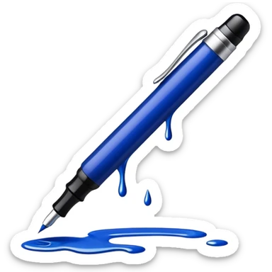 Create a vibrant emoji featuring a classic ink pen (fountain pen) as the main symbol of prose writing. The design should highlight the elegant curves of the pen, with ink flowing from the nib onto a blank page or scroll. Use deep ink blue, black, and subtle metallic accents to convey sophistication and creativity. The emoji should be simple yet striking, representing the art of storytelling. Make the background transparent. sticker
