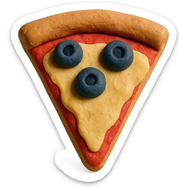 pizza slice with olives and a thick crust in claymation style sticker