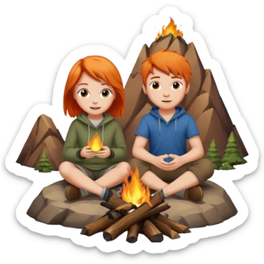 A girl with orange hair and a boy with brown hair sitting on the top of a mountain in front of a campfire sticker