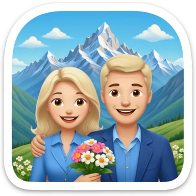 Couple  laughing traveling russian man and elegant  Latina girl delicate flowers and mountains in the background  sticker