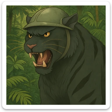 Add a lush jungle background behind the angry black tiger wearing a helmet, keep the original style and mood sticker