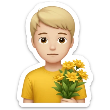 generate an ios genmoji of a 20 year old fair boy with faint upper lip hair (brown). should look like he cant grow a mustache., carrying a flower bouquet, wearing a yellow tshirt, looking shy sticker