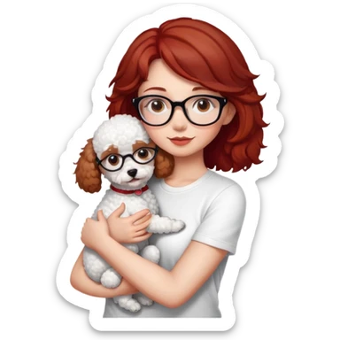 Girl with medium-short dark brown-red hair with glasses, white t-shirt, brown eyes, hugging a white toy poodle sticker