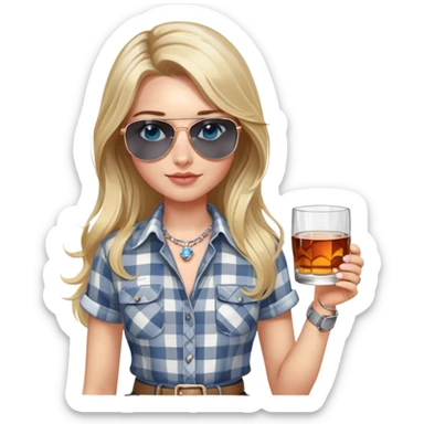 girl, long blond daisy in hair, wearing grey/white plaid shirt, with blue eyes and aviator sunglasses, wearing a ring on her silver necklace around her neck, holding a glass of whiskey, wearing rose gold apple watch,  sticker