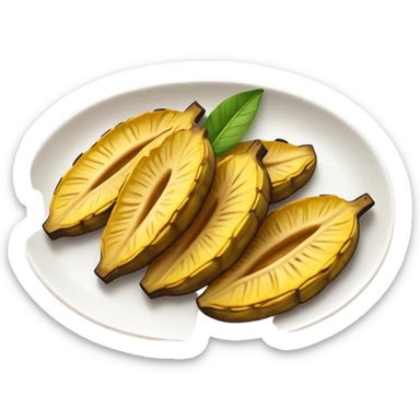 Cinematic Realistic Patacones Dish Emoji, depicted as twice-fried plantain slices with a crispy exterior rendered with detailed textures and dynamic, inviting lighting. sticker