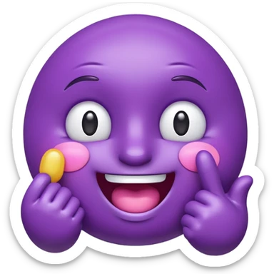 "A glossy 3D purple emoji character with shiny, reflective surface, puffed cheeks as if holding in laughter, eyes squinting mischievously, white cartoon hands — one covering its mouth and the other pointing upward with the index finger. Cute, exaggerated facial expression, smooth rounded shape,  sticker
