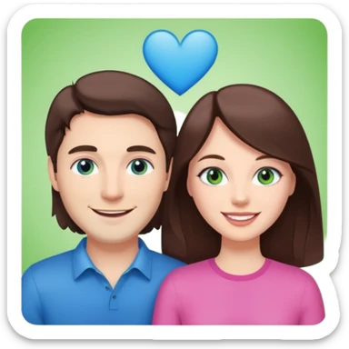 pink polaroid photo of a couple thats white with long brunette hair blue eyes and a white guy with short brunette hair and green eyes sticker