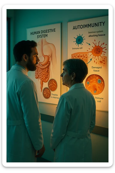 Realistic, detailed photo taken from behind of two doctors—a bearded man and a middle-aged woman—standing side by side in a modern medical office, intently studying a large, illuminated medical chart on the wall. The chart displays a detailed diagram of the human digestive system, highlighting the intestines and showing microscopic images of intestinal parasites. Next to it, another chart illustrates the immune system attacking healthy tissues, visually connecting gut parasites to autoimmune disease mechanisms. The room is bathed in a single green-blue color, with a warm, yellow-orange light casting soft shadows around the doctors. Both wear white coats and have serious, focused expressions, suggesting a deep discussion about the root causes of autoimmune conditions. Shot with a Canon EOS R5, with high detail, natural depth of field, and a clinical yet dramatic atmosphere. sticker