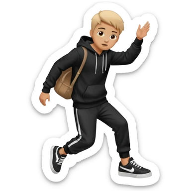 A boy wearing black hoodie and a white and black shoes sticker